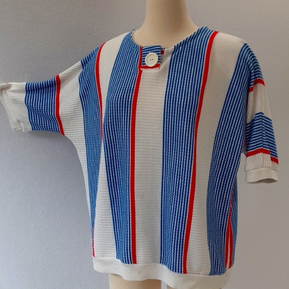 La Rose pullover 70s vintage sweater red white blue stripe dolman elbow sleeve - Picture 3 of 9